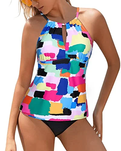 High Neck Tankini Swimsuits Women Two Piece Tummy Control Bathing Suits-Aqua