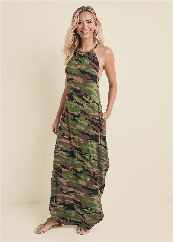 Tie Neck Maxi Dress - Olive Multi