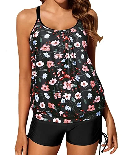 Blouson Tankini Swimsuits Slimming Tummy Control Criss Cross Swimwear-Black And Pink Floral