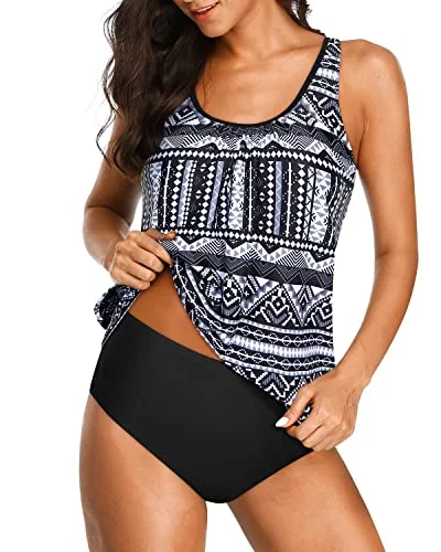 Two Piece Blouson Tankini Swimsuits Tummy Control For Women-Black Tribal