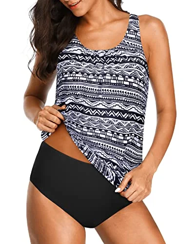 Women's Athletic Tankini Sets Shorts For Comfortable Swimwear-Black Tribal