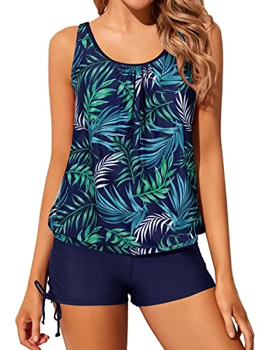 Loose-Fit Two Piece Tankini Swimsuits Boyshorts For Women-Blue Leaf