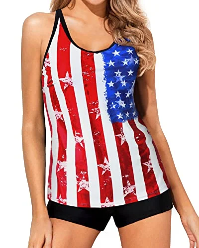 Athletic Tankini Swimwear For Women Adjustable Straps & Mid-Waist Shorts-American Flag