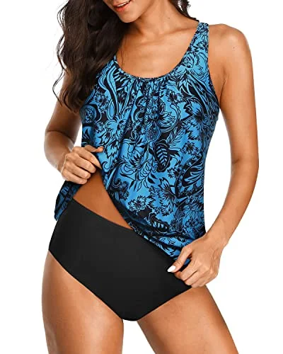 Women's Athletic Blouson Tankini Swimsuit Removable Soft Bra-Black And Tribal Blue