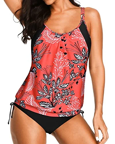 Athletic Two Piece Blouson Tankini Swim Tops Bikini Bottoms-Red Floral