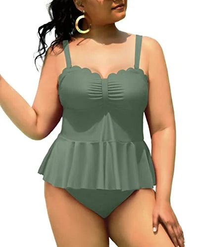 Women's Ruffle Hem Peplum Tankini Top High Waisted Swim Bottom Swimsuits-Army Green