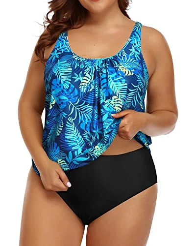 Women's Plus Size Two Piece Swimsuit Blouson Tankini Swimsuit-Blue Leaves