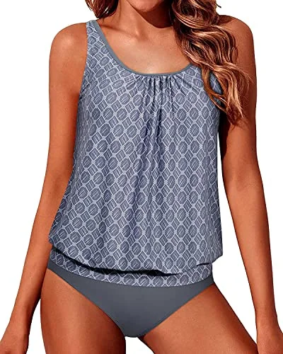 Adjustable Shoulder Straps Blouson Tankini Bathing Suits Women-Grey Tribal