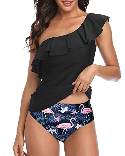 Flounce Trim Ruffle Tummy Control One Shoulder Tankini Swimsuits For Women-Black Flamingo