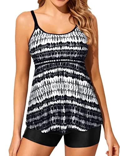 U Neck Slimming Swimsuits Two Piece Tankini Bathing Suits For Women-Black And White Tribal