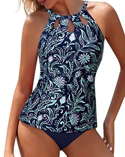 Stylish Keyhole Design Tummy Control Tankini Bathing Suit-Blue Floral