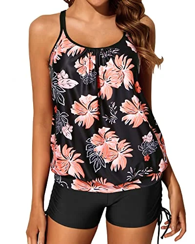 Blouson Push Up Padded Bra Swimsuits Adjustable Shoulder Straps-Black Orange Floral