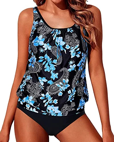 Tummy Control Mid Waist Bottom Blouson Swimsuits For Women-Black Floral