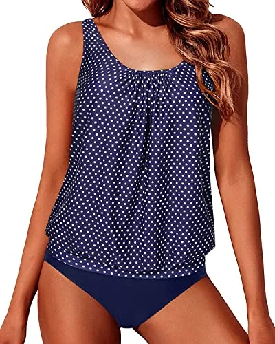 Flattering Blouson Style Tankini Bathing Suits For Women-Navy Blue Polka Dot