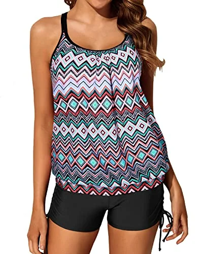 Sporty Women's Blouson Tankini Swimsuit Criss Cross Back Boy Shorts-Black Tribal