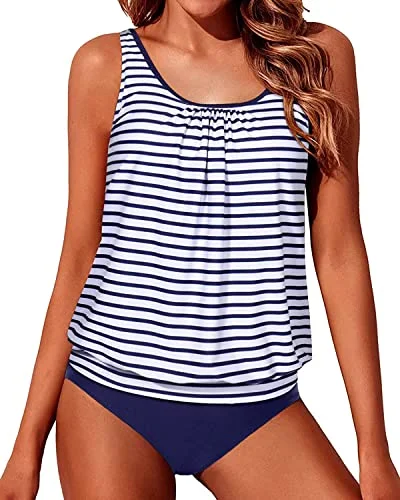 Flattering Bathing Suits Blouson Swimsuits For Women-Blue White Strip