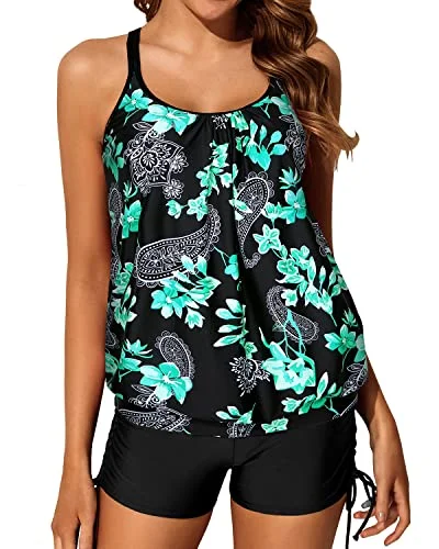 Women's Push Up Criss Cross Back Blouson Tankini Swimsuits-Green Paisley