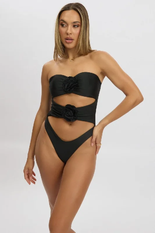 Black Cut Out Rosette One Piece Swimsuit