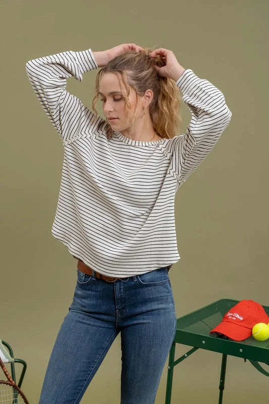 Pocket - Equipped Women Long Sleeve Top for Added FunctionalityALTHEA STRIPED RAGLAN SLEEVE KNIT TOP