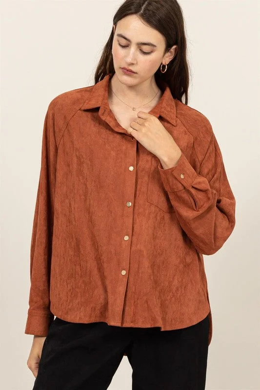 Lace - Trimmed Women Long Sleeve Top for an Elegant LookEVANGELINE STRETCHY SUEDE BUTTON-UP SHIRT