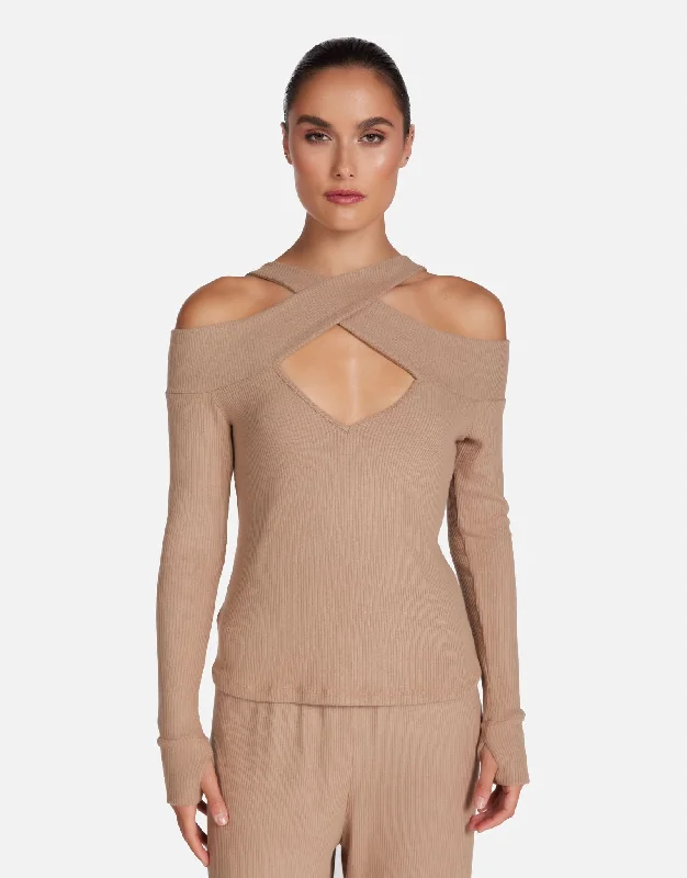 Ribbed Women Long Sleeve Top with a Textured AppealDraven Sand Dune