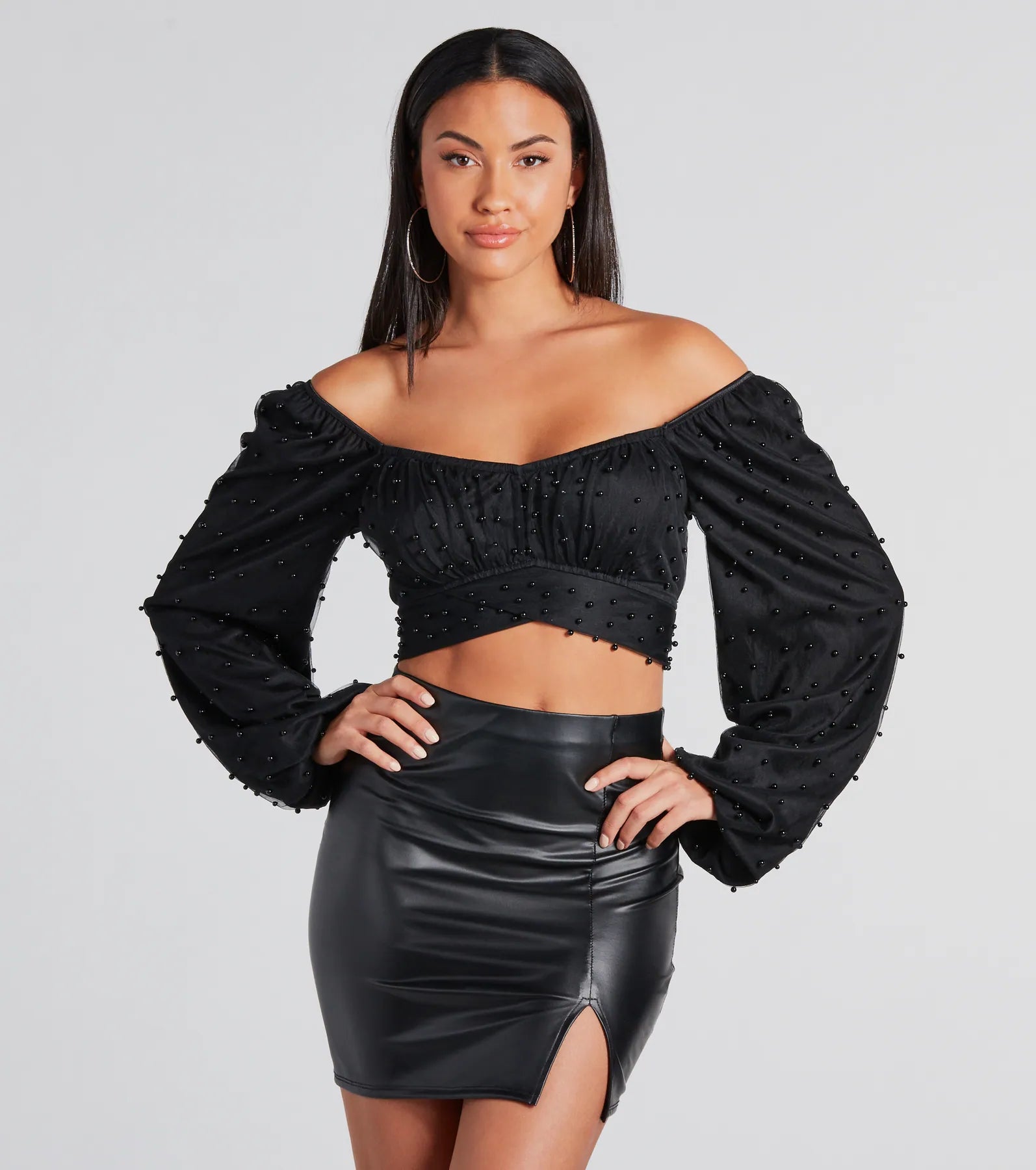 Ruffled Cuff Women Long Sleeve Top with a Feminine TouchEthereal Dream Faux Pearl Crop Top