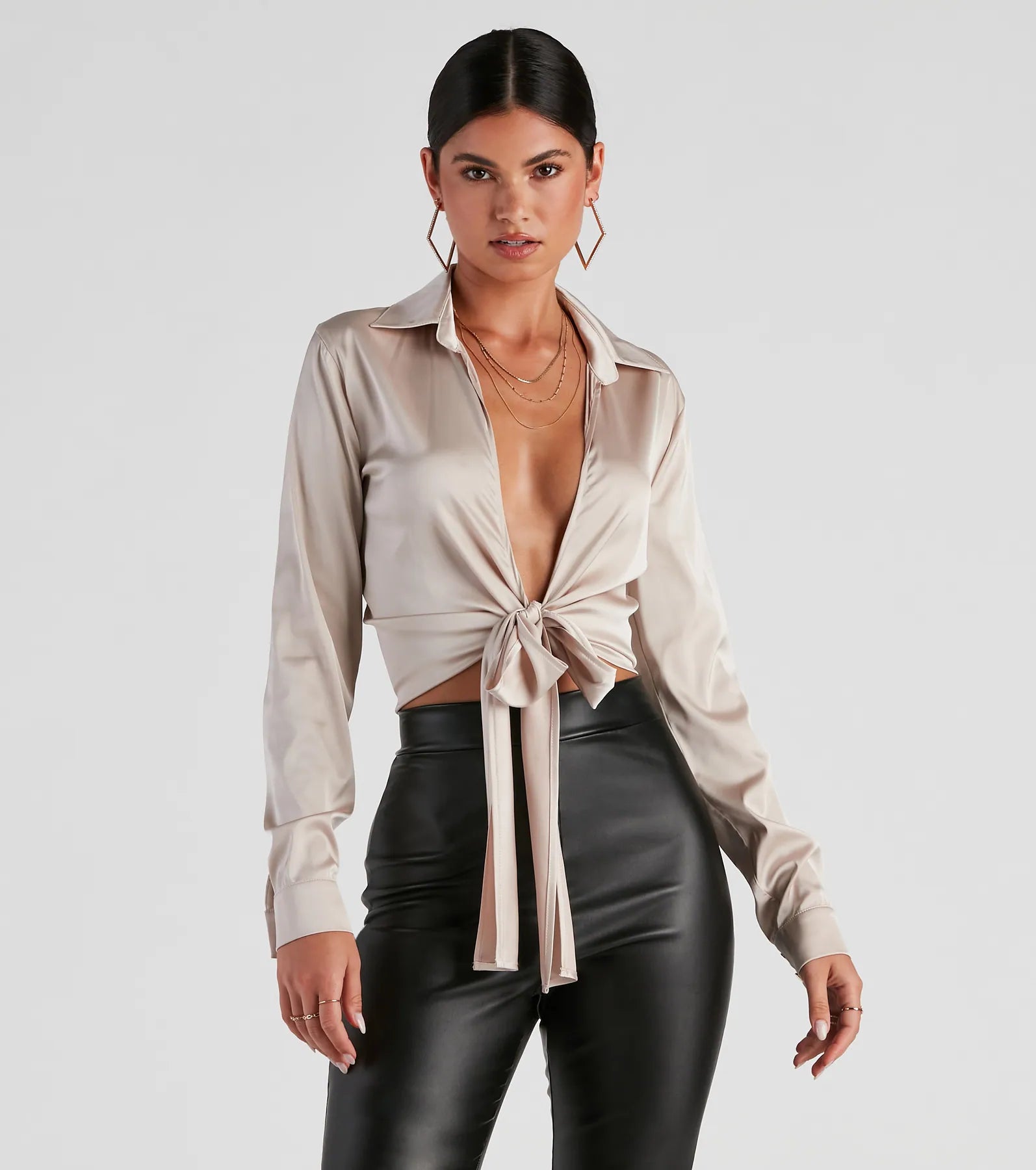 Button - Down Women Long Sleeve Top for a Classic StyleSo Sleek Satin Tie-Front Blouse