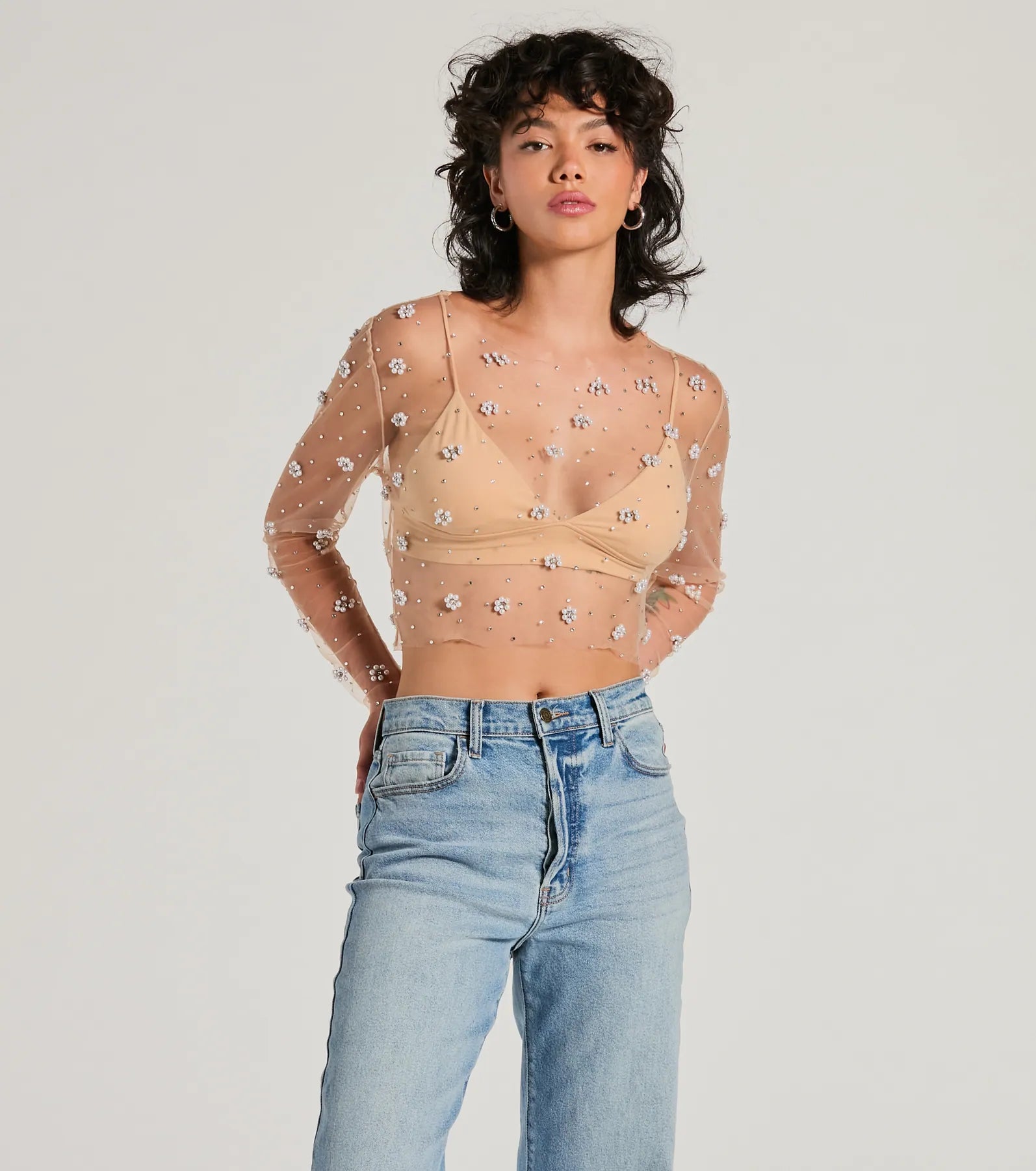 Printed Graphic Women Long Sleeve Top with a Bold StatementFlirty Floral Rhinestone Pearl Sheer Mesh Crop Top