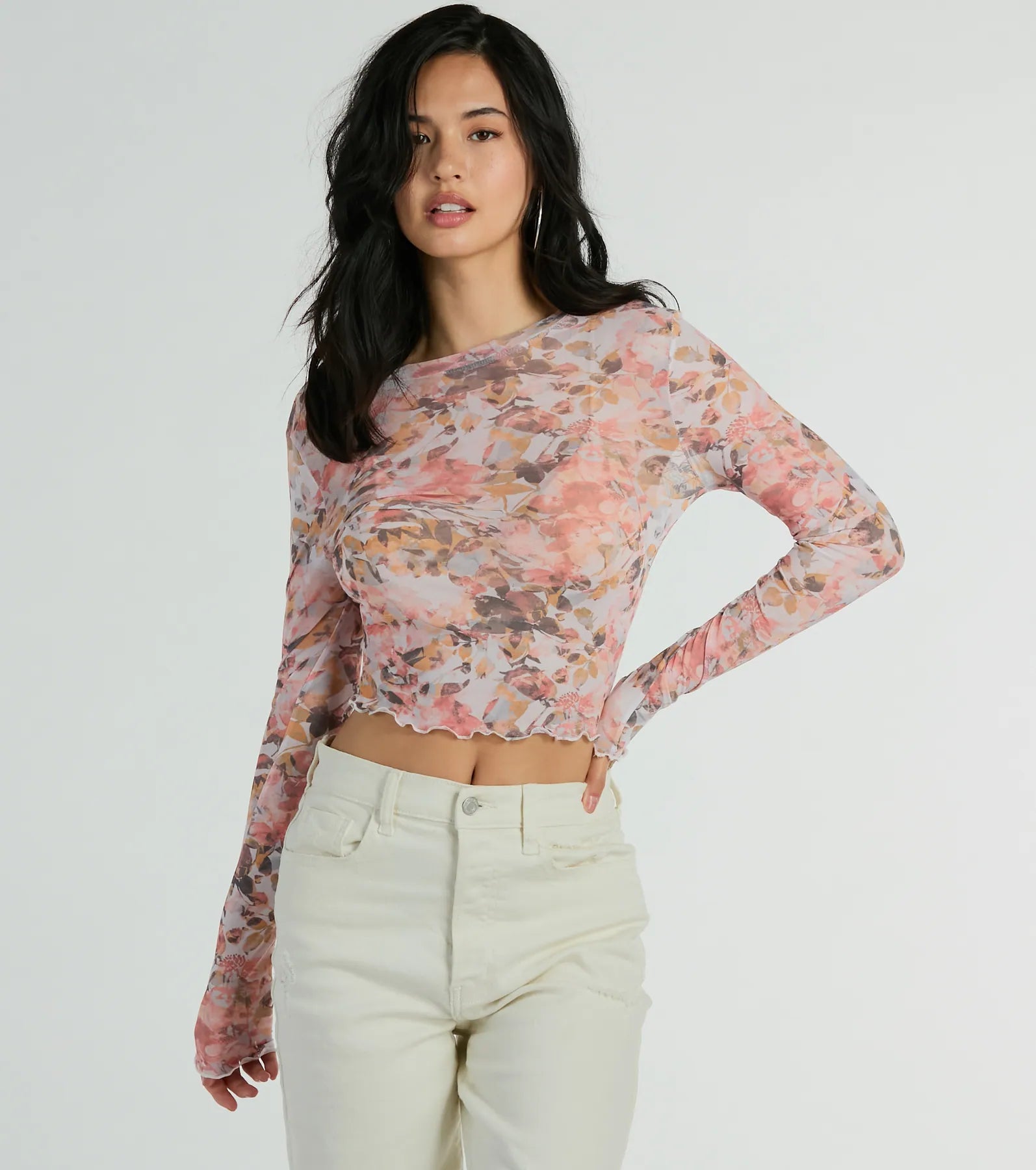 Floral Printed Women Long Sleeve Top for a Romantic LookWild Flowers Long Sleeve Floral Mesh Crop Top