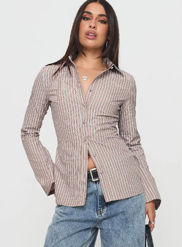 Floral Printed Women Long Sleeve Top for a Romantic LookRun The World Top Brown Stripe