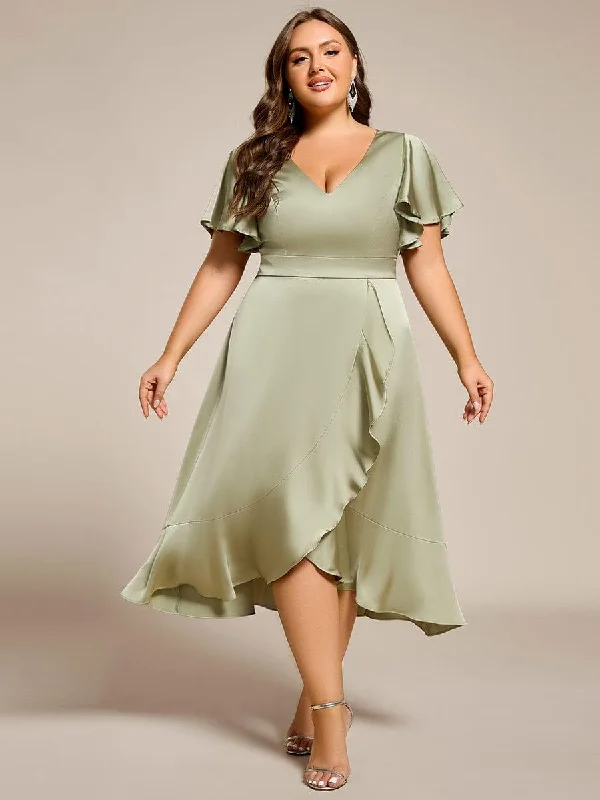 Long - sleeved lace wedding dresses for a modest style​ Sequined wedding guest dresses for an evening wedding pretty SAIGE|Plus Size V-Neck Satin Midi Wedding Guest Dress with Ruffled Skirt