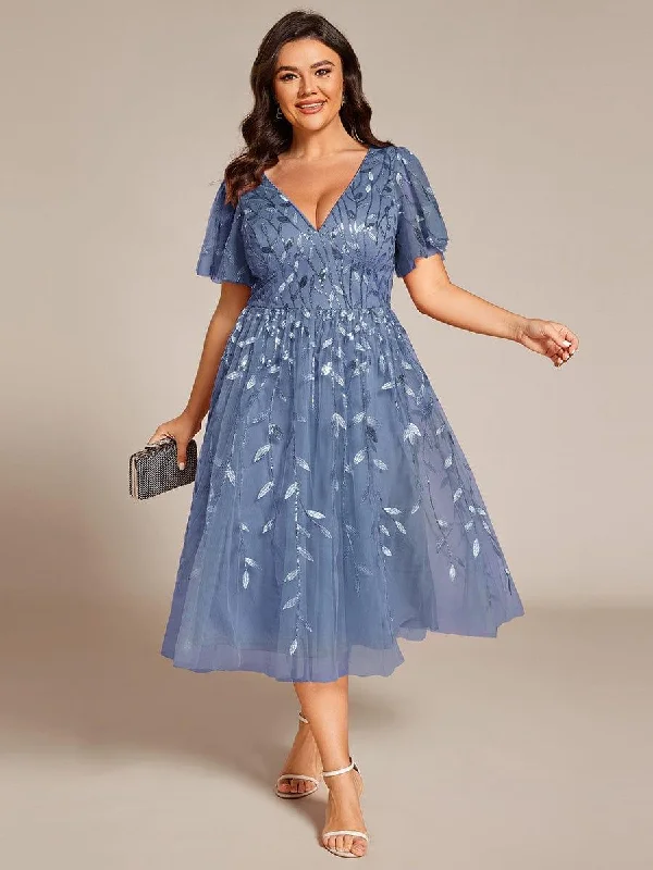 Wedding dresses with a corseted bodice for a cinched waist​ Satin wedding guest dresses with side slits for a sexy touch pretty SIMONE|Plus Size Sparkly A-Line Midi Tulle Formal Wedding Guest Dress with Leaf Sequin