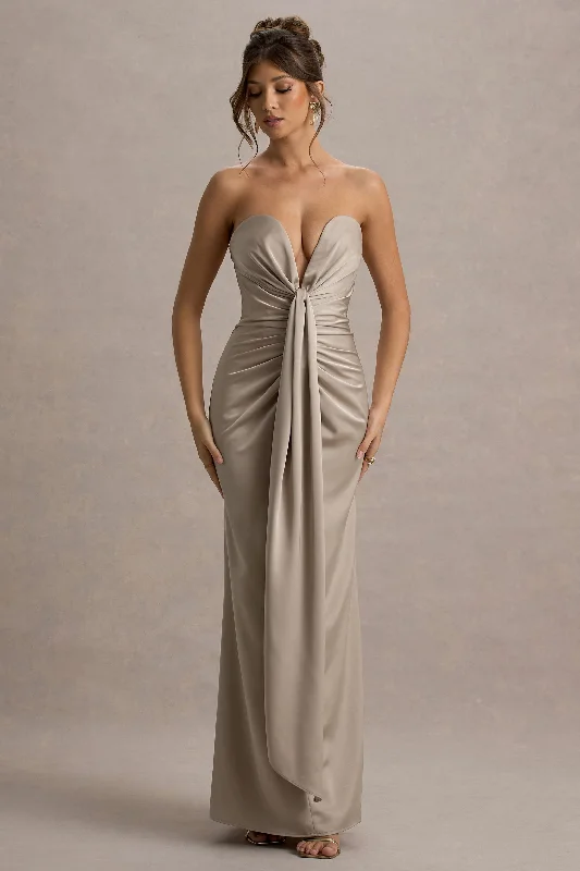 Halter - neck wedding dresses with a unique neckline​ Bow - backed wedding guest dresses in silk for a luxurious feel Mackenzie | Champagne Satin Plunge-Neck Draped Maxi Dress