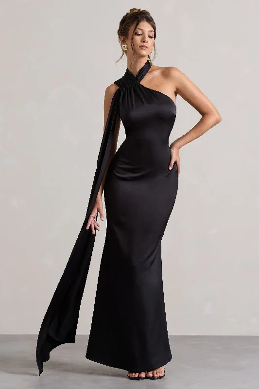 Halter - neck wedding dresses with a unique neckline​ Bow - backed wedding guest dresses in silk for a luxurious feel Sancia | Black Satin Asymmetric Maxi Dress With Sash