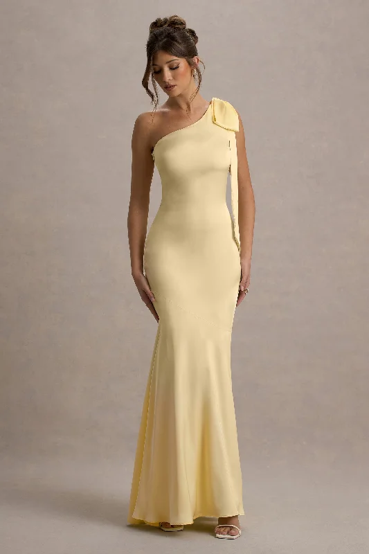 A - line wedding dresses with a beaded neckline​ Wedding guest dresses with belted waists and knee - length skirts Here For Love | Lemon Satin Asymmetric Maxi Dress With Bow