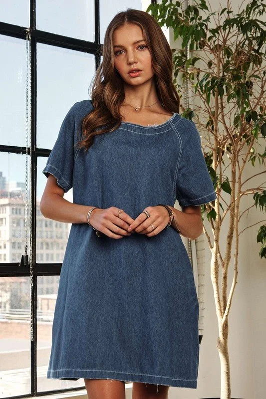 Mini dresses with belted waists for a defined silhouette Raw Hem Mini Denim Dress with Pockets