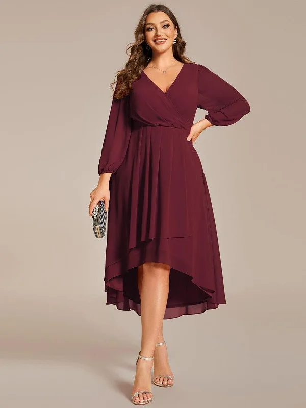 Boho - inspired wedding dresses with floral embroidery​ Wedding guest dresses with empire waists and tulle skirts pretty BRIAR|Plus Size Chiffon A-Line Long Sleeves Asymmetrical Hem Wedding Guest Dress