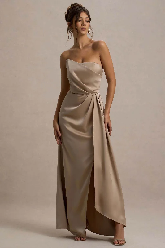 A - line wedding dresses with a beaded neckline​ Wedding guest dresses with belted waists and knee - length skirts Cairo | Champagne Satin Strapless Draped Maxi Dress