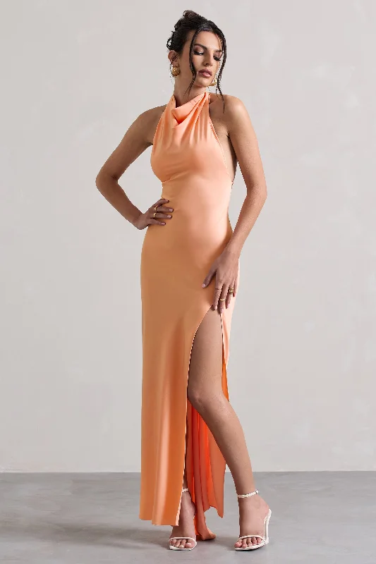 Short - length wedding dresses with a flirty skirt​ Sleeveless wedding guest dresses with ruffled hems Priero | Peach Cowl Halter-Neck Open Back Maxi Dress