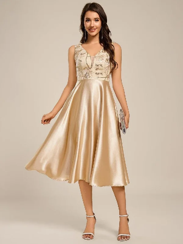 Off - the - shoulder wedding dresses with ruffled sleeves​ Strapless wedding guest dresses with rhinestone - studded bodices ever DELYN|Sleeveles A-Line Midi Satin Wedding Guest Dress with Pockets
