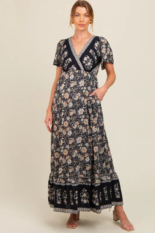 Short sleeve maternity sundress for summer Black Floral Border Printed Woven Short Sleeve V-Neck Maternity Maxi Dress
