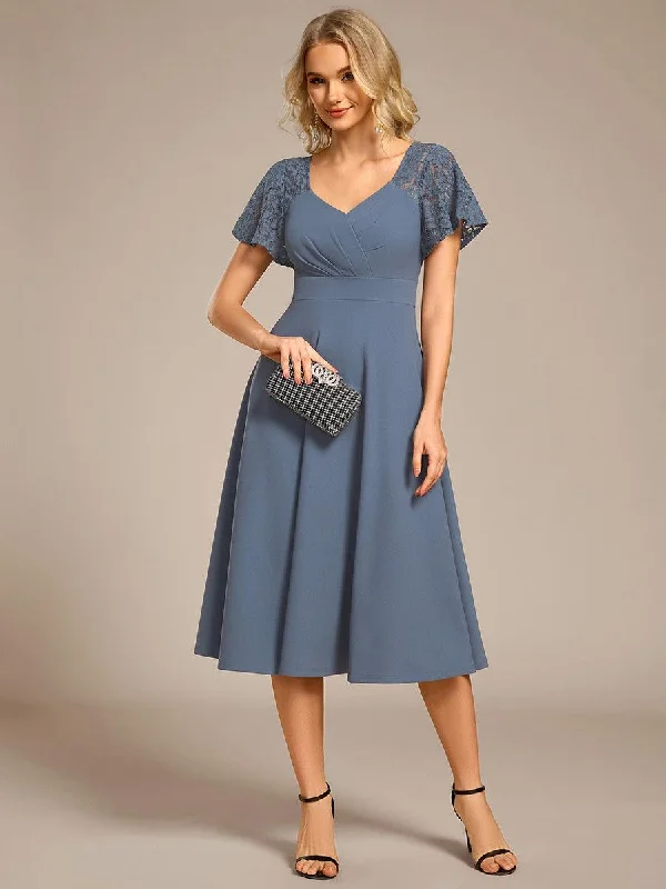 Off - the - shoulder wedding dresses with ruffled sleeves​ Strapless wedding guest dresses with rhinestone - studded bodices ever EVIE|Short Sleeves A-Line Midi Wedding Guest Dress with Pockets