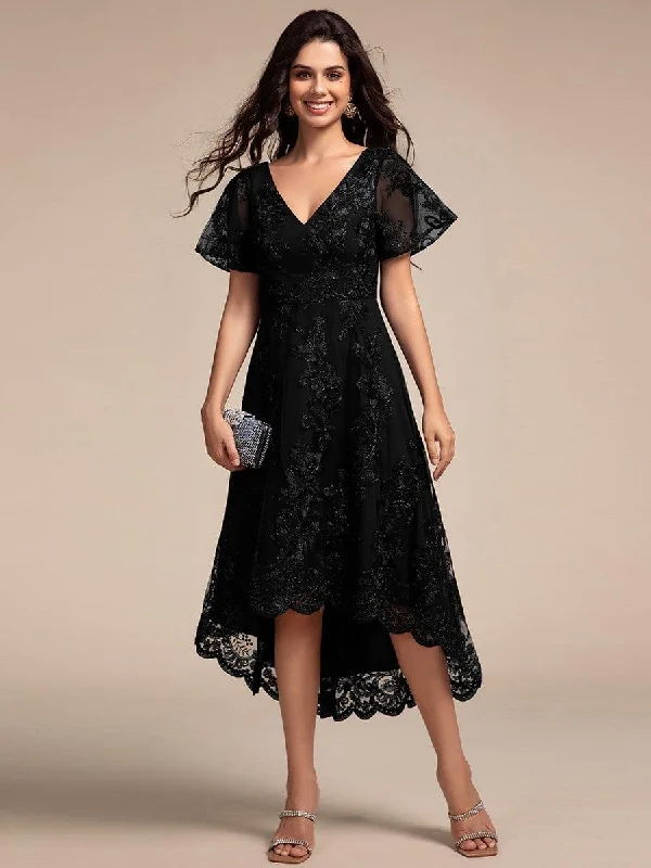Empire waist wedding dresses with beaded bodices​ Wrap - style wedding guest dresses with bow accents ever TIDAL|Embroidered Mesh Double V-Neck Short Sleeves Midi Wedding Guest Dress