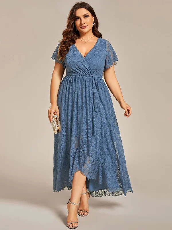 Wedding dresses with a dropped waist for a retro style​ Animal - print wedding guest dresses in subtle colors for a bold statement pretty ELISE|Plus Size Short Sleeve Ruffled V-Neck A-Line Lace Wedding Guest Dress