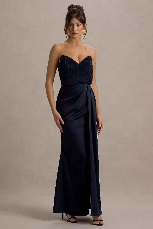 Sheath satin wedding dresses for a sleek appearance​ Midi wedding guest dresses in navy blue for a formal affair Edel | Navy Satin Strapless Maxi Dress With Drape