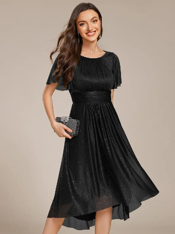 Sheath satin wedding dresses for a sleek appearance​ Midi wedding guest dresses in navy blue for a formal affair ever CLARYN|Glitter Short Sleeves Round Neck Midi Wedding Guest Dress