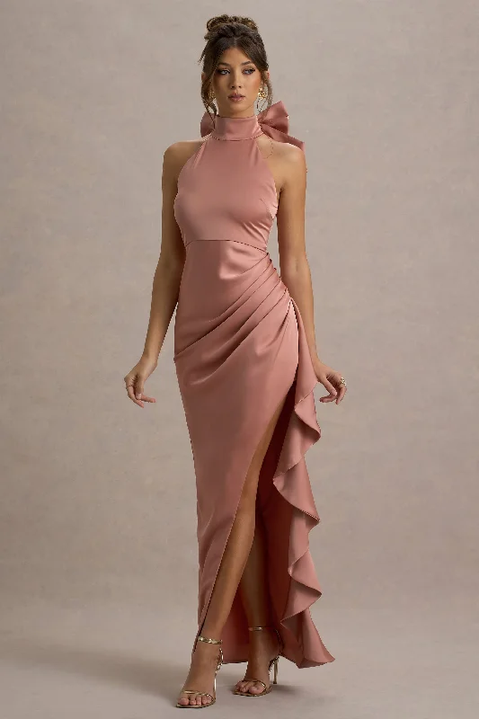 Wedding dresses with a mermaid - style skirt and a ball gown overlay​ Wedding guest dresses with puff sleeves and knee - length hems Maureen | Pink Satin High-Neck Draped Maxi Dress
