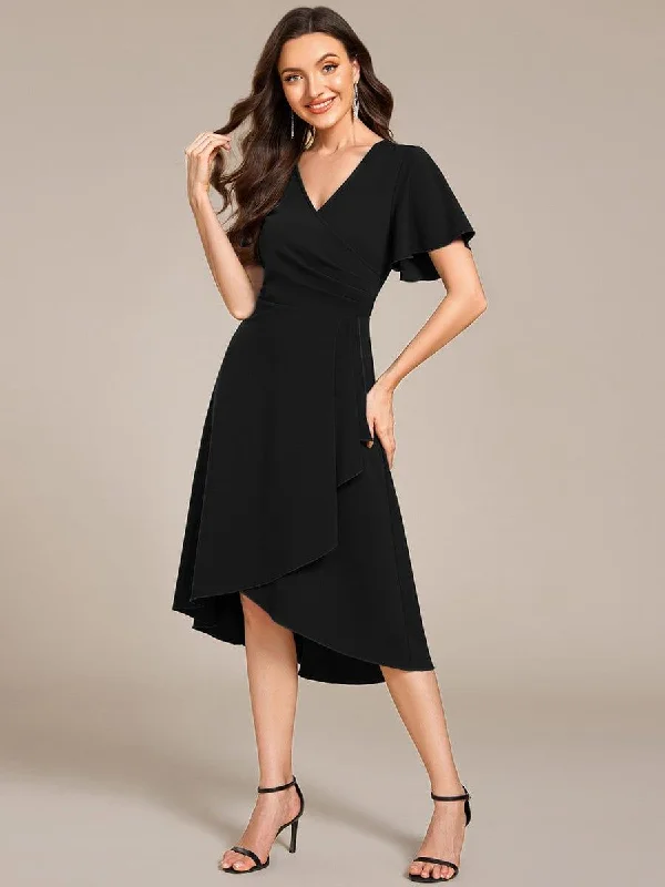 Wedding dresses with a detachable skirt for versatility​ Mini wedding guest dresses with glittery accents for a trendy look ever FALLON|High-Stretch V-neck Midi Wedding Guest Dress