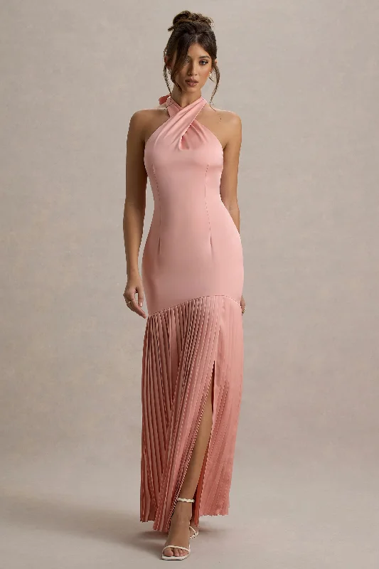 High - low hem wedding dresses for a trendy twist​ Lace - trimmed wedding guest dresses in blush pink Sansa | Light Pink Satin Cross Halter-Neck Plisse Maxi Dress