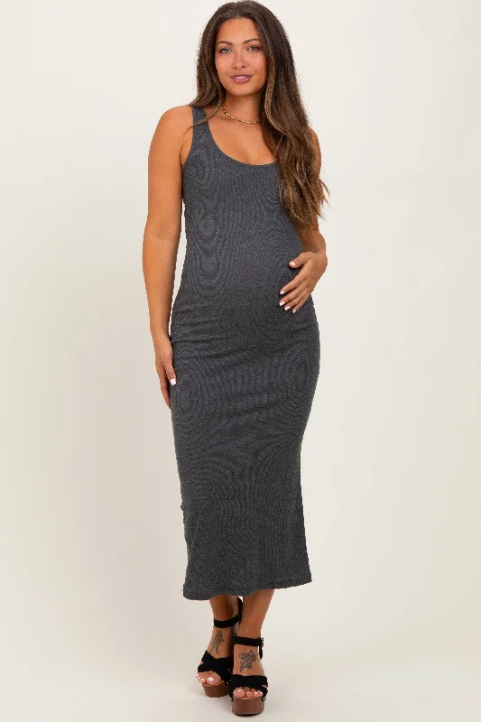 Maternity dress for a baby's first trip to the zoo Charcoal Ribbed Basic Maternity Maxi Dress